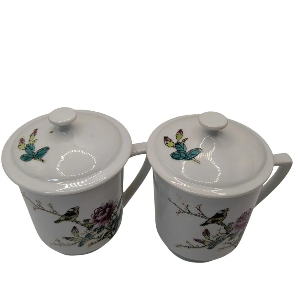 Vintage Chinese Footed Teacup Lidded Asian Rose Floral Bird‎ Set of Two SEE